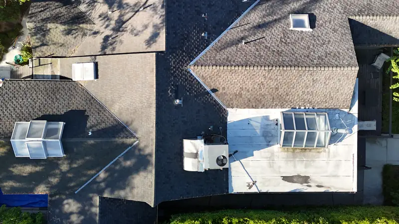 Old shingle roof with skylights, seen from above