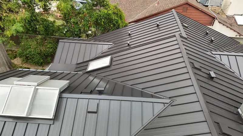 Dark standing seam metal roof with skylights, valleys and several roof planes